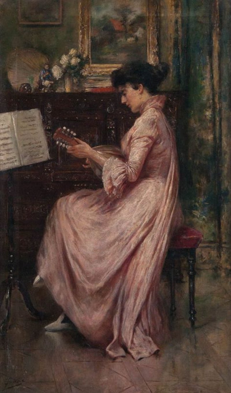 Woman-with-a-Mandolin-Eugène-Joors-Oil-Painting